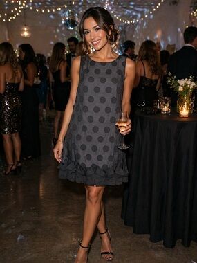 Sleeveless Black Polka Dot Mini Dress with Ruffle Hem. Length 33” bust 36” SM
